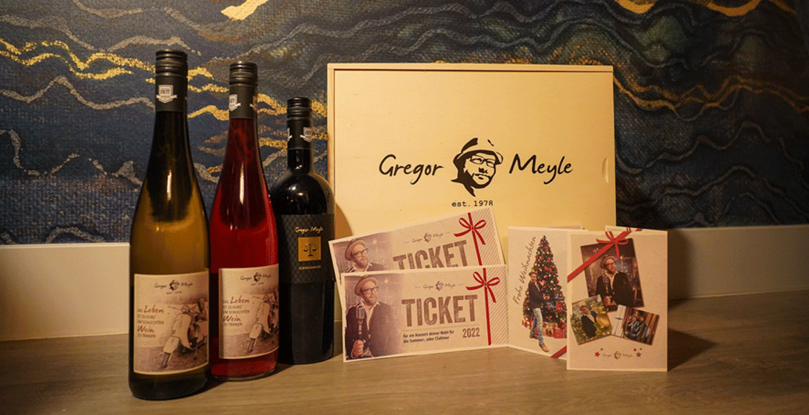 Weinbox (inkl 3 Fl Wein) + 2 Tickets + persönliche Weihnachtskarte, mit persönlicher Weihnachtskarte von Gregor